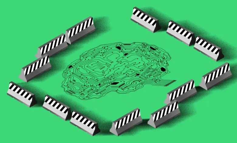 Circuit board brain surrounded by striped barriers on green background.