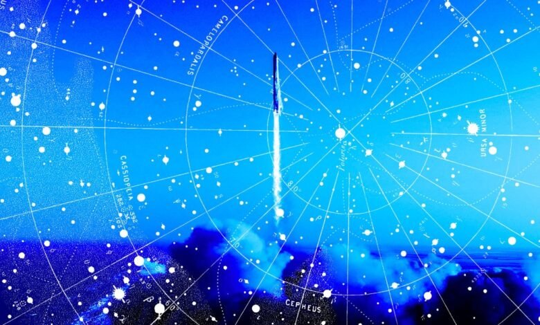 Rocket launch against a blue sky with constellation map overlay.