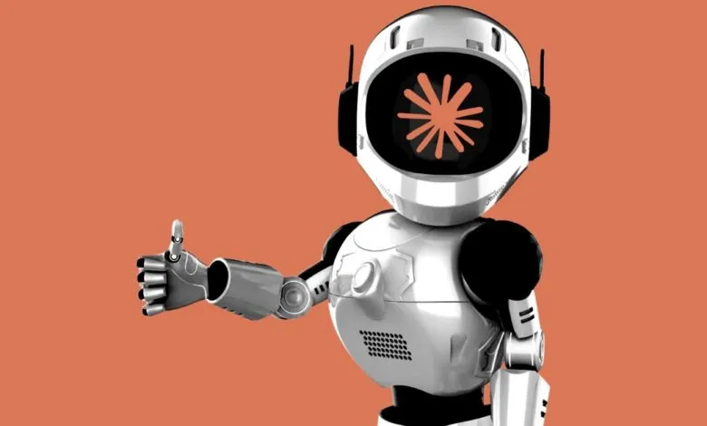 White robot with flower eye gives a thumbs up on orange background.