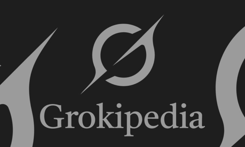 Grokipedia logo on a dark background, featuring a stylized 'G' and a circle with a slash.