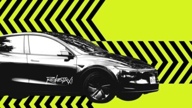 Tesla Robotaxi with black and yellow hazard stripes background.