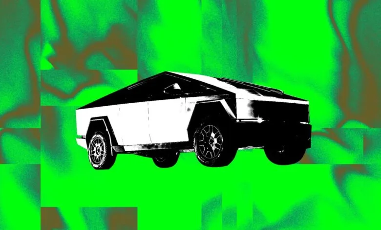 Tesla Cybertruck with a stylized green and brown background.