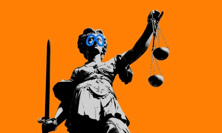 Statue of Justice with Meta logo over eyes against orange background.