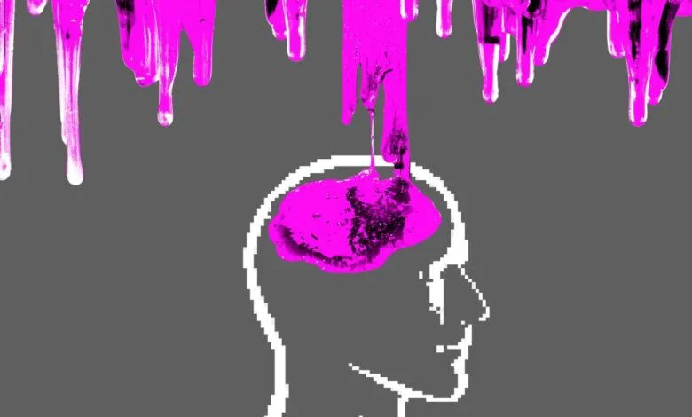 Pixelated head outline with pink paint dripping onto the brain area.