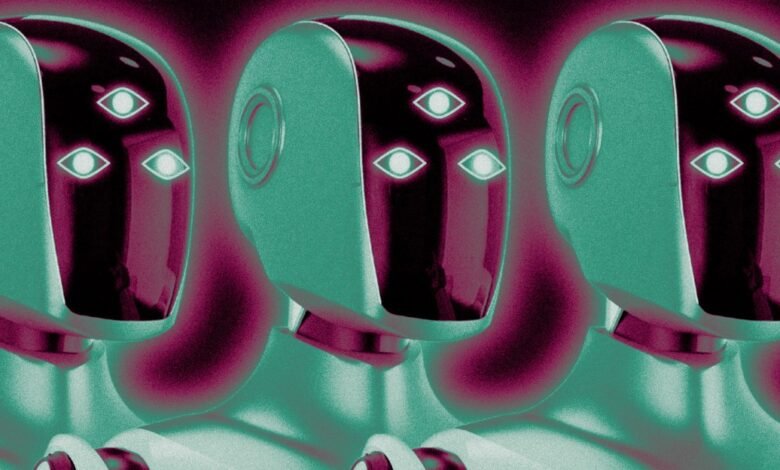 Three futuristic robots with glowing eyes and teal/magenta color scheme.