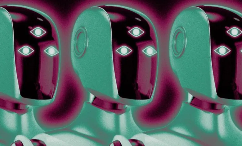 Three futuristic robots with glowing eyes and teal/magenta color scheme.