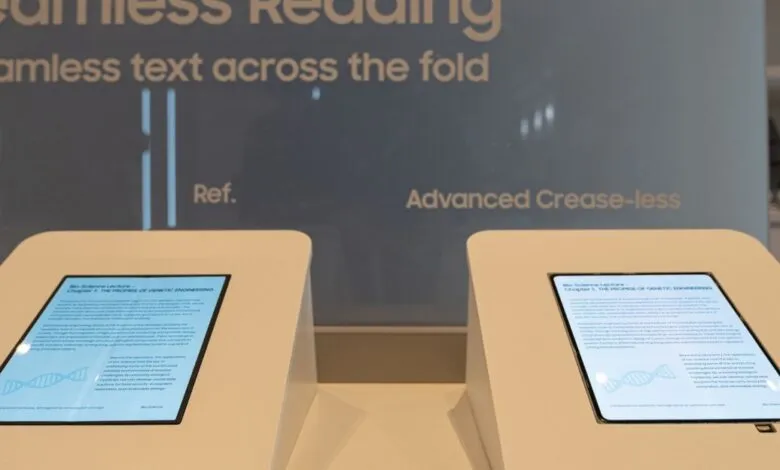 Two Samsung foldable screens displaying seamless text across the fold.