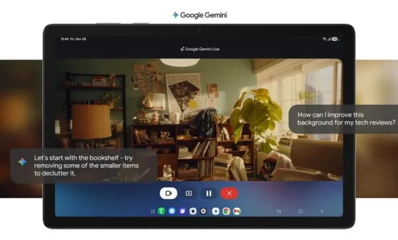 Samsung tablet displaying Google Gemini video call with background improvement suggestions.