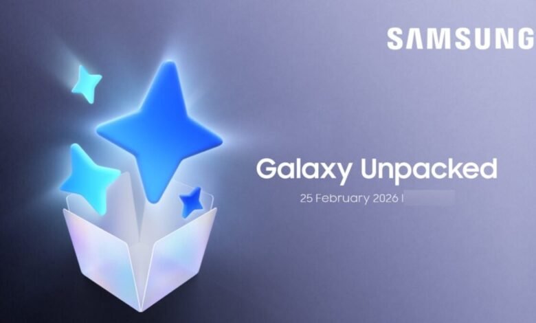 Samsung Galaxy Unpacked event teaser with blue stars emerging from a box.