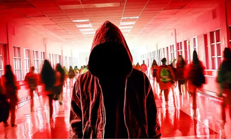 Figure in hoodie stands in school hallway with blurred students.