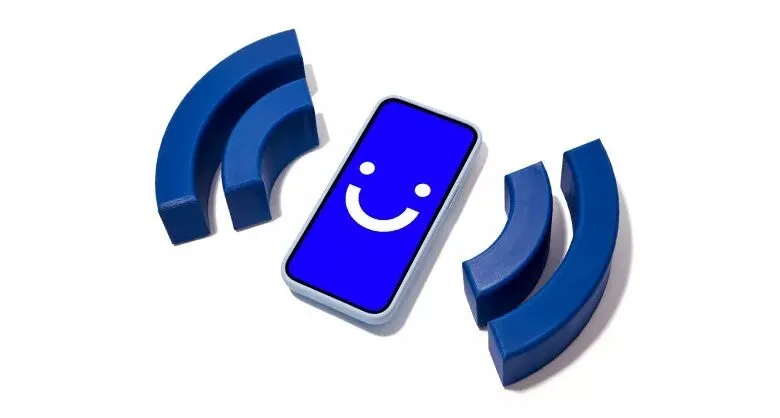 Smartphone with smiling face surrounded by blue WiFi signal icons.