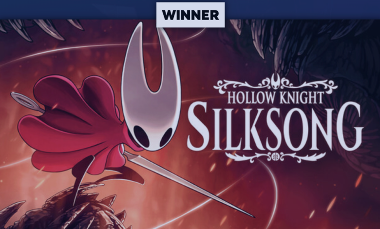 Hollow Knight: Silksong game cover art with 'Winner' banner.