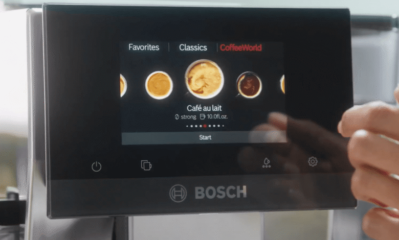 Bosch coffee machine screen displaying coffee options.