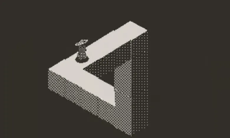 Impossible Penrose triangle with object on top, pixelated style.