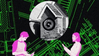 Abstract image of people using phones with house blueprint background.