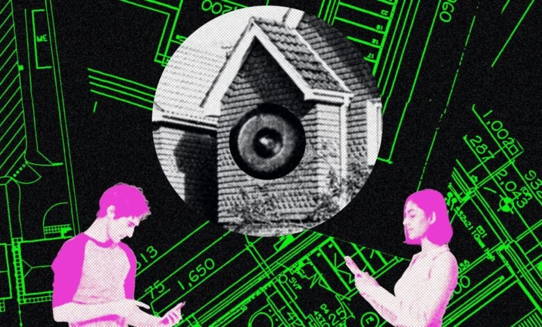 Abstract image of people using phones with house blueprint background.