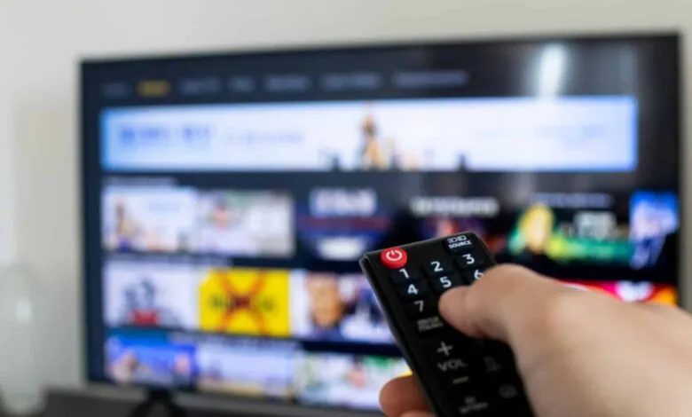 Hand holding remote control pointing at a television screen.