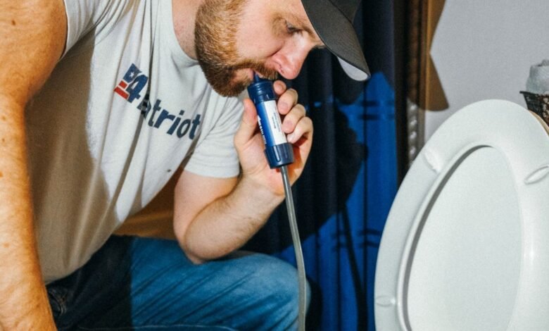 Man drinking from toilet using water filter straw.