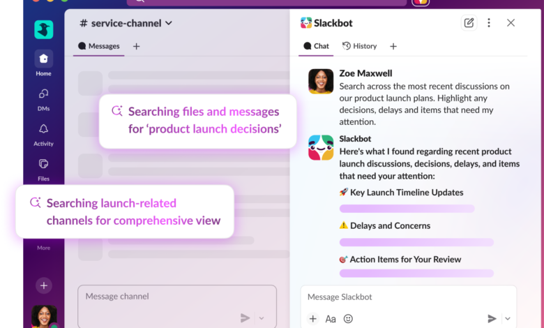 Slackbot interface showing search results for product launch decisions.