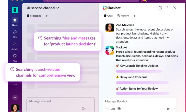 Slackbot interface showing search results for product launch decisions.