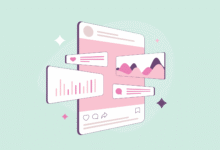 Stylized social media interface with charts and engagement icons.