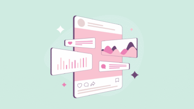 Stylized social media interface with charts and engagement icons.