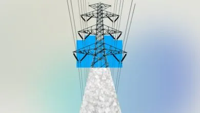 Illustration of power lines above sodium crystals and blue square.