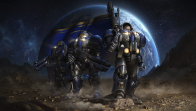 Three armored StarCraft marines stand on a desolate planet surface.
