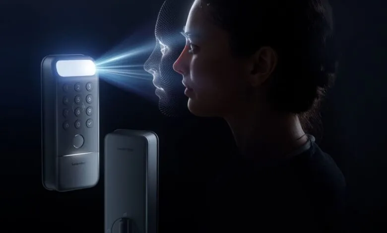 SwitchBot smart lock scans a woman's face for secure access.