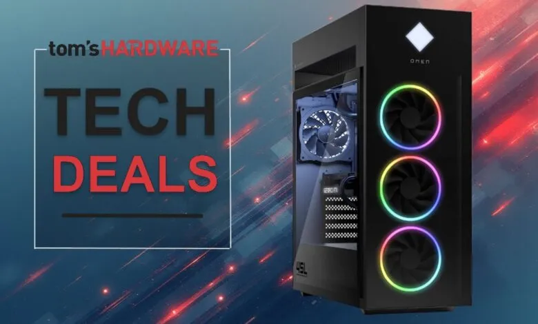 Black OMEN gaming PC with rainbow fans and 'Tech Deals' text overlay.