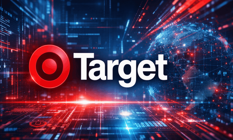 Target logo and text against a digital globe and circuit board background.
