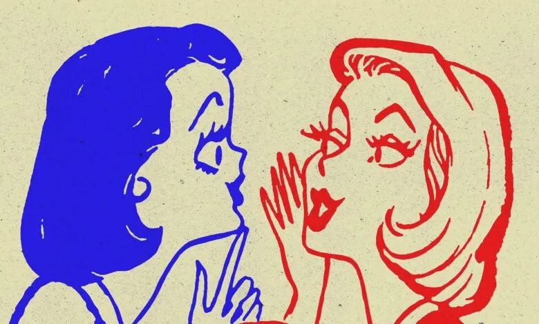Two women in red and blue share a secret, vintage style.