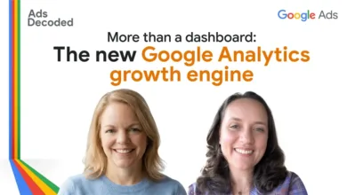 Google Ads Decoded features two smiling women discussing Google Analytics.