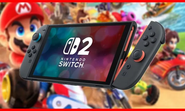 Nintendo Switch 2 console with Mario Kart background.