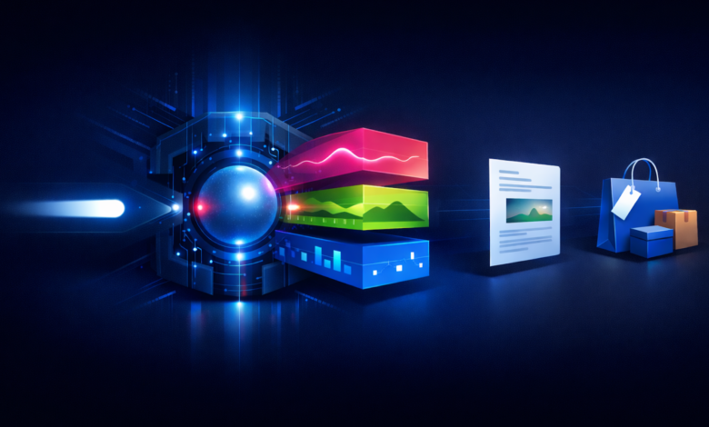 Abstract image of data analysis leading to online shopping.