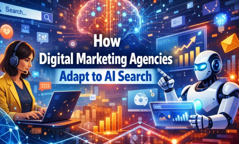 Digital marketing agencies adapting to AI search with woman and robot.