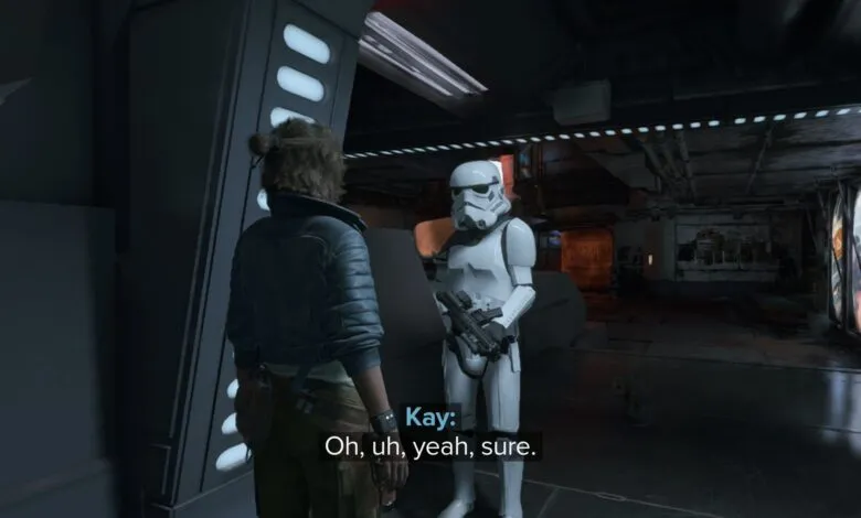 Character faces Stormtrooper in Star Wars game scene.