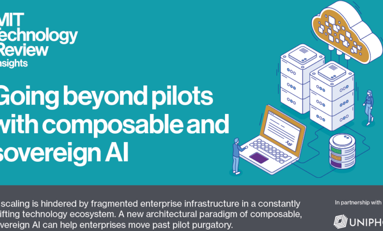 Composable and Sovereign AI graphic with cloud, servers, and laptop.