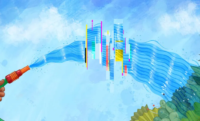 Illustration of hand holding hose watering plants with glitch effect.