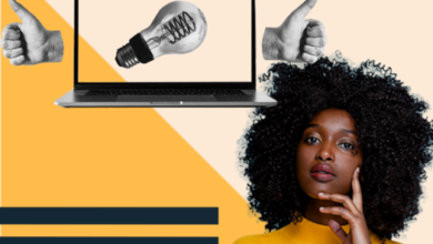 Woman thinking with laptop showing lightbulb and thumbs up icons.