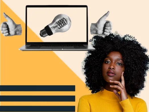 Woman thinking with laptop showing lightbulb and thumbs up icons.