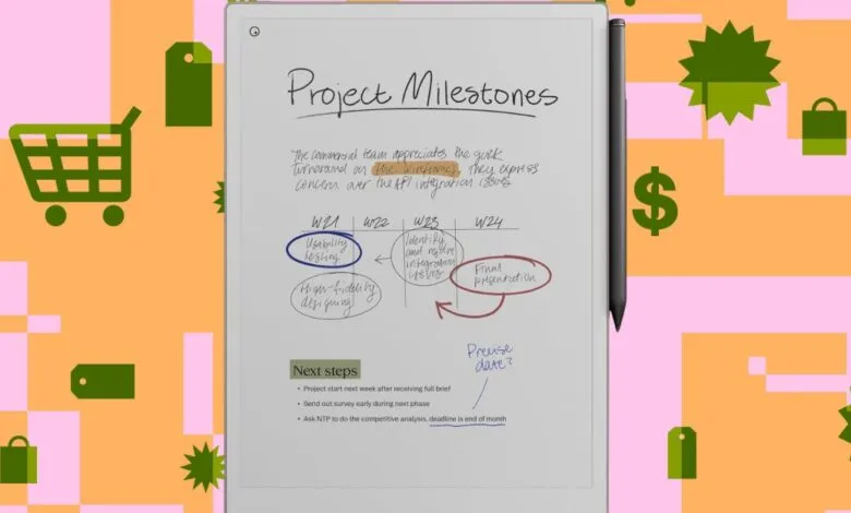 Digital tablet displays project milestones with handwritten notes.