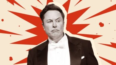 Illustration of Elon Musk in a tuxedo with a skeptical expression.