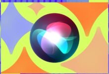 Two men flank a stylized Siri icon in a vibrant, abstract design.
