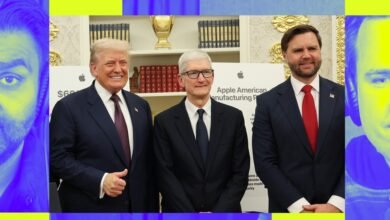 Donald Trump, Tim Cook, and J.D. Vance stand together at an event.