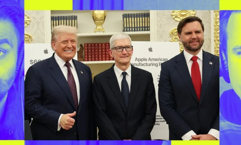 Donald Trump, Tim Cook, and J.D. Vance stand together at an event.