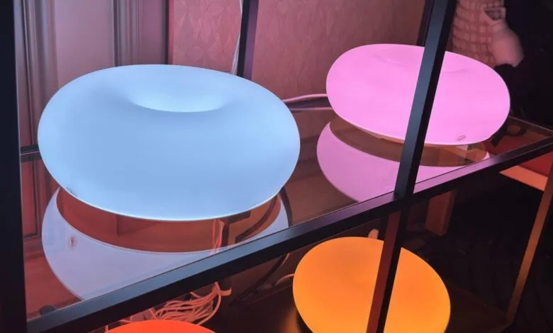 Illuminated donut and oval lamps in blue, pink, and orange on a glass shelf.