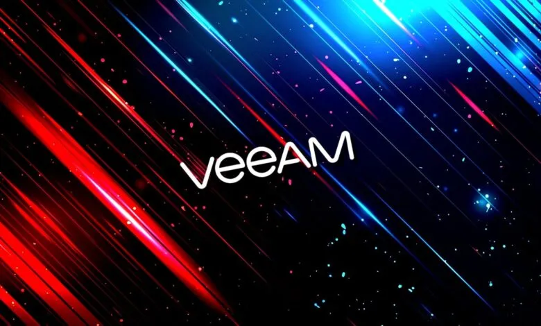 Veeam logo on a vibrant, abstract background with red and blue streaks.
