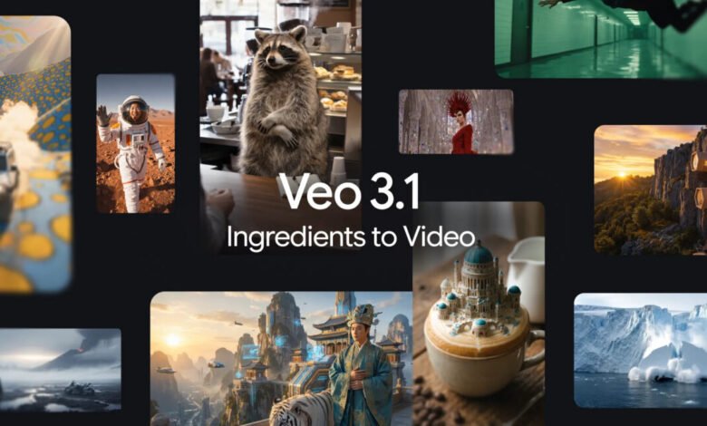 Veo 3.1 collage: diverse scenes including astronaut, raccoon, and futuristic city.