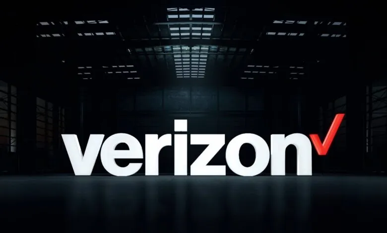 Illuminated Verizon logo against a dark industrial backdrop.